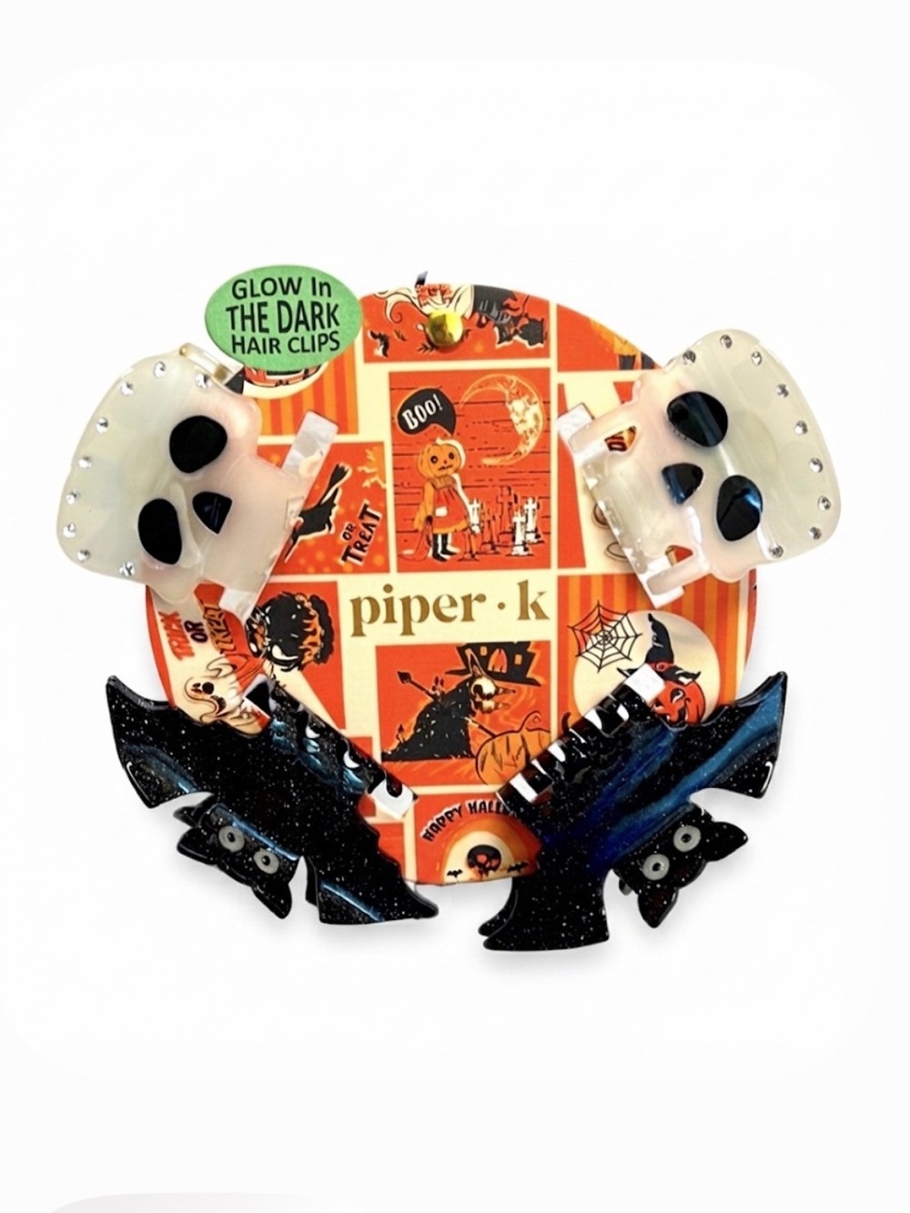 NWT 💀🦇 Piper K Halloween hair claws clips set of 4 glow in the dark